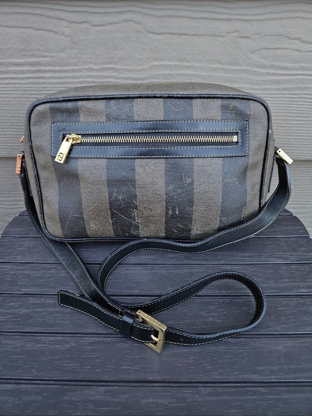 Vintage FENDI Pequin Stripe Crossbody Camera Bag Black Brown Canvas Purse